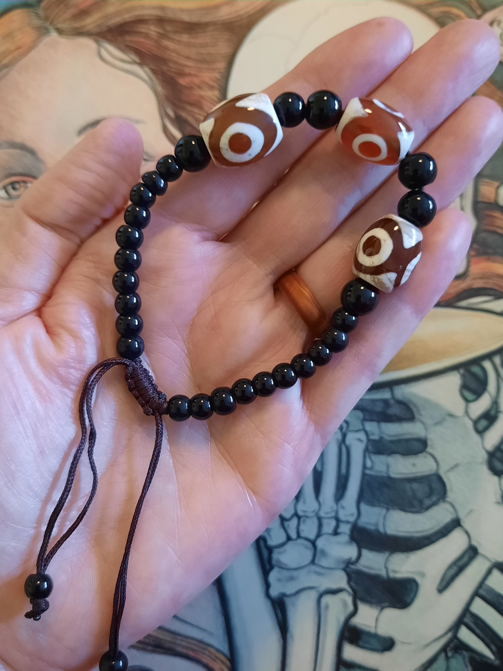 Black Beaded Bracelet with Brown & White Tibetan-Style Glass Agate Beads